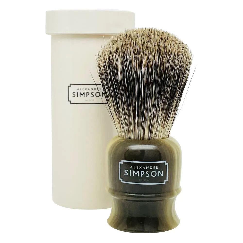 Simpson Highbury Faux Horn Pure Badger Travel Brush - Rasierpinsel aus Dachsborsten mit Reisetube - No More Beard